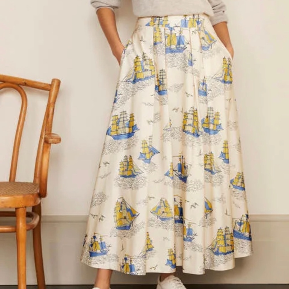 Boden Livia Full Skirt In Ivory Nautical Voyage Size 8 or Medium Ship Print
